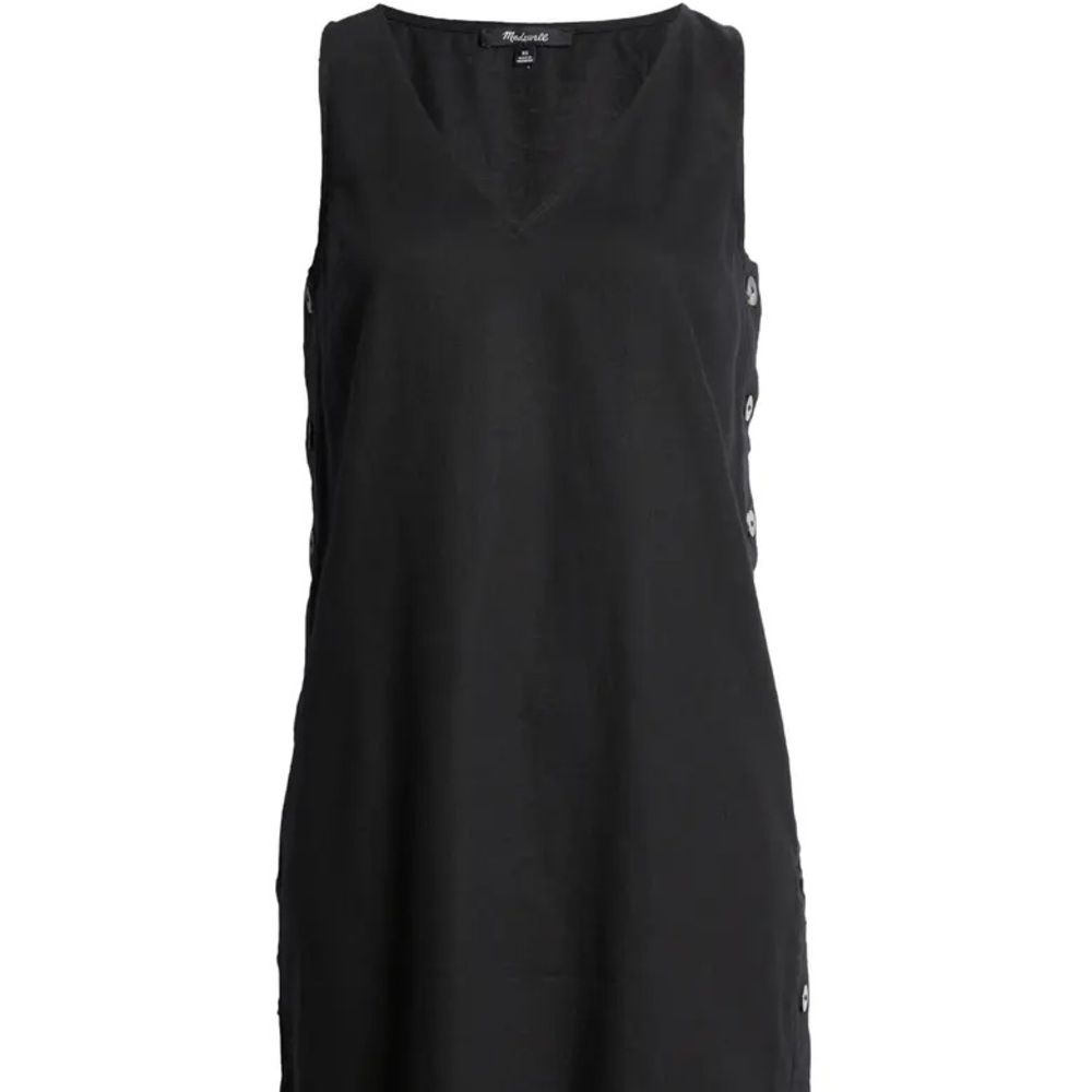 Madewell Black Linen Cotton V-Neck Side Button Shift Dress XS Womens